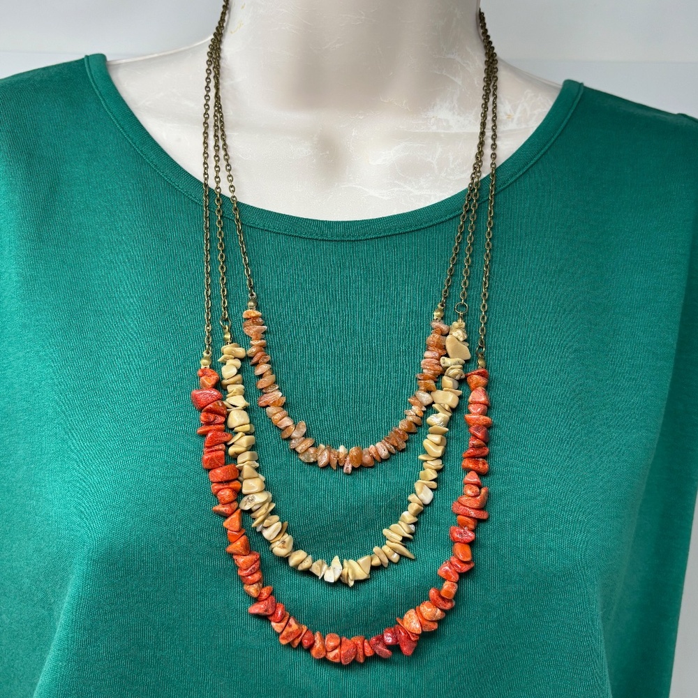 Set of Three Gemstone Chip and Bronze Chain Necklaces Red Beige Coral Sunstone